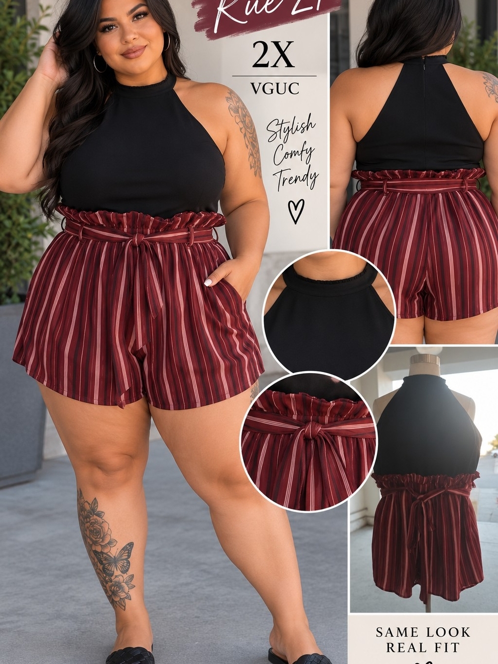 Rue21 Women’s Burgundy and Black Striped High Waist Paperbag Shorts